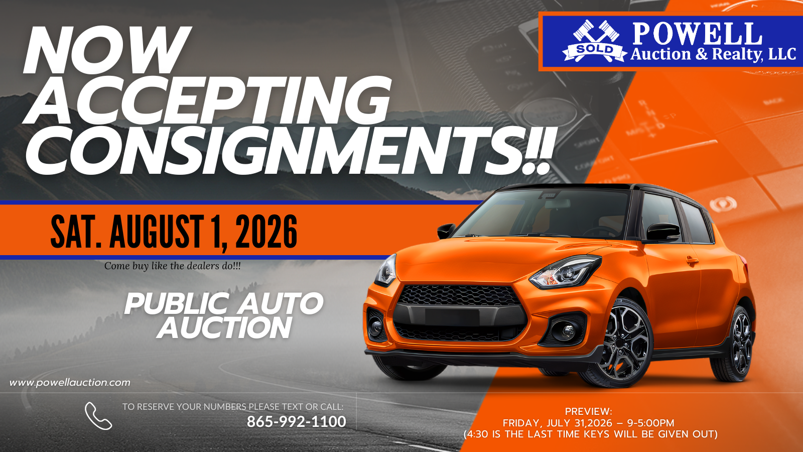 _august --public auto auction-- CONSIGNMENTS (Twitter Post) Powell Auction & Realty